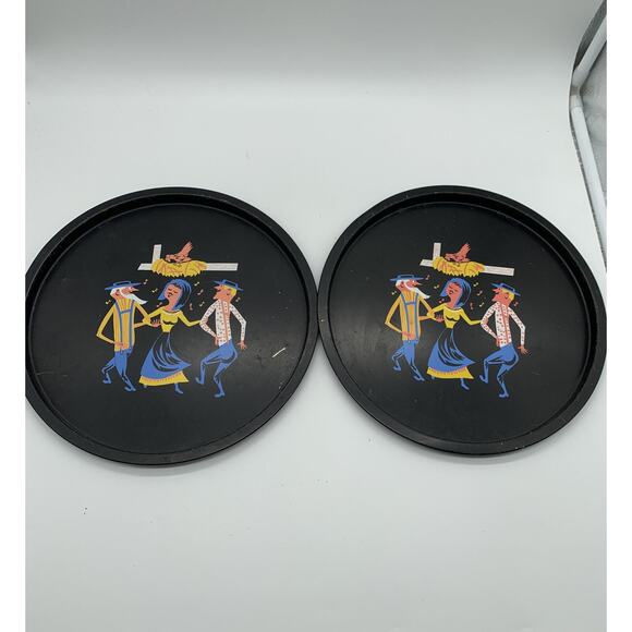 Folk Art Amish Barn Dance Hand Painted Metal Tray Vintage MCM 2 Read - Picture 7 of 7